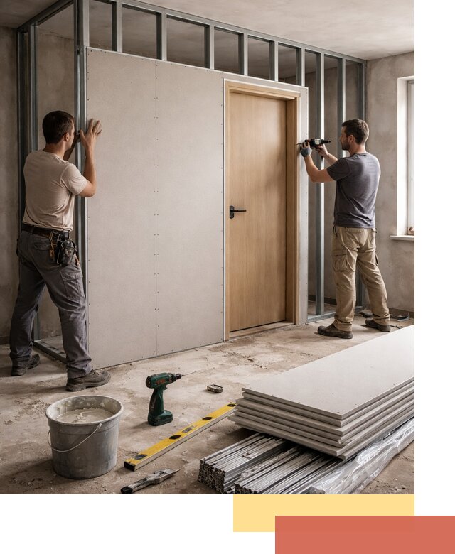 Перегородка из гипсокартона с дверью под ключ в Новом Уренгое