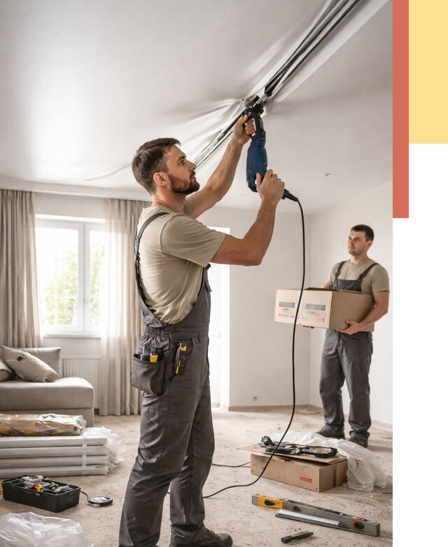 Монтаж сатинового натяжного потолка в Новом Уренгое от 3639 руб. | Быстро, недорого — ОТДЕЛОЧНИК-Нвг