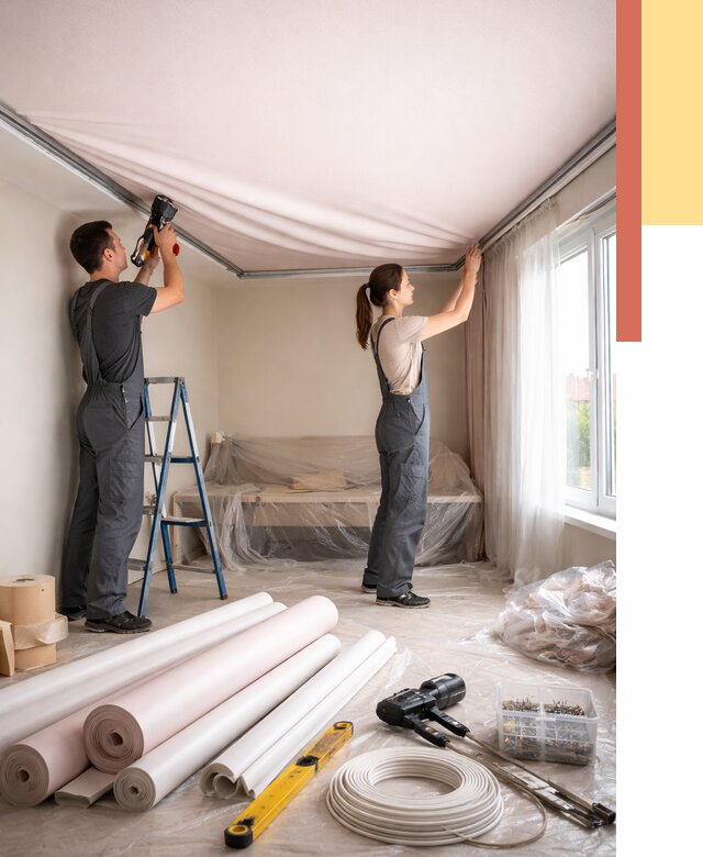 Монтаж цветного натяжного потолка в Новом Уренгое от 4367 руб/м² — быстро и недорого | ОТДЕЛОЧНИК-Нвг