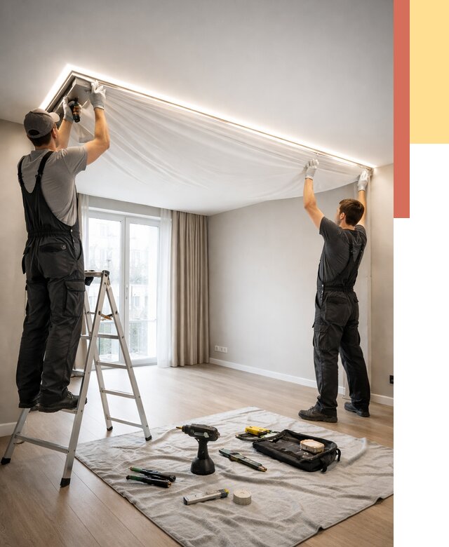 Монтаж парящего натяжного потолка в Новом Уренгое от 4679 руб. быстро и недорого | ОТДЕЛОЧНИК-Нвг