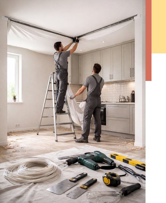 Установка натяжного потолка на кухне в Новом Уренгое от 2496 руб. | ОТДЕЛОЧНИК-Нвг