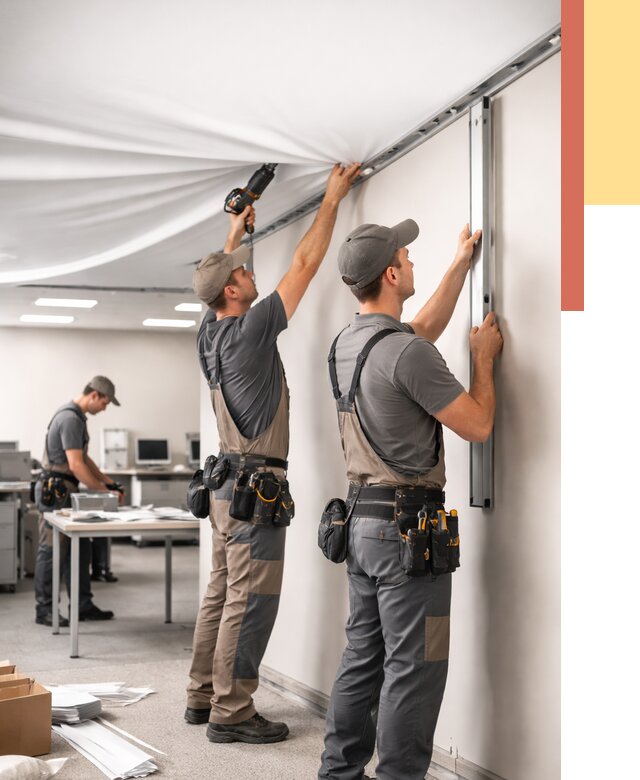 Монтаж натяжного потолка в офисе в Новом Уренгое от 468 руб/м² — быстро и недорого | ОТДЕЛОЧНИК-Нвг