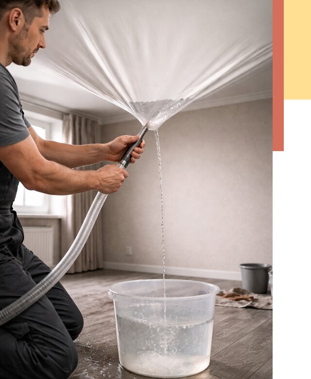 Слив воды с натяжного потолка в Новом Уренгое от 2600 руб. быстро и недорого | ОТДЕЛОЧНИК-Нвг